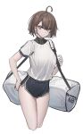  1girl ahoge alternate_costume azur_lane bag baltimore_(azur_lane) bangs black_shorts braid breasts brown_eyes brown_hair closed_mouth commentary_request dolphin_shorts duffel_bag echj highres large_breasts shirt short_hair short_shorts shorts side_braid simple_background standing thighs white_background white_shirt 