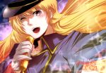  1girl blonde_hair blue_eyes blush dated floating_hair gloves hat holding holding_microphone hoshino_(pixiv12796893) long_hair looking_up macross macross_frontier microphone music one_eye_closed sheryl_nome signature singing solo upper_body white_gloves 