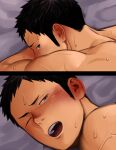 1boy back black_hair blush completely_nude ear_blush haikyuu!! implied_anal implied_sex itto_(mentaiko) kiss looking_back lying male_focus naughty_face nude on_bed on_stomach one_eye_closed sawamura_daichi short_hair toned toned_male yaoi 