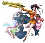  3boys 3girls barefoot belt black_hair blue_eyes brown_eyes brown_hair detached_sleeves feet final_fantasy final_fantasy_unlimited full_body gun hayakawa_ai hayakawa_yuu holding holding_gun holding_sword holding_weapon japanese_clothes kimono kuroki_kaze lisa_pacifist lou_lupus moogle mori_kotarou multiple_boys multiple_girls scarf short_hair simple_background sitting soles sword toes weapon white_background yellow_eyes 