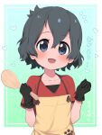  1girl apron black_gloves black_hair blue_eyes blush commentary_request eyebrows_visible_through_hair gloves heart highres kaban_(kemono_friends) kemono_friends no_hat no_headwear paw_print ransusan red_shirt shirt short_hair short_sleeves solo t-shirt translated wooden_spoon yellow_apron 