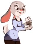  2021 anthro buckteeth clothed clothing disney female fully_clothed fur grey_body grey_fur hi_res holding_object judy_hopps lagomorph leporid mammal open_mouth open_smile pink_nose rabbit shirt simple_background smile solo teeth tohupo topwear white_background zootopia 