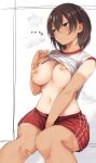  ... 1girl bandaid bandaid_on_knee bandaids_on_nipples between_legs breasts brown_eyes brown_hair closed_mouth dark_skin dark_skinned_female gym_uniform hand_between_legs highres knees_together large_breasts lifted_by_self navel original otou_(otou3dayo) pasties red_shorts shirt shirt_lift short_hair short_sleeves shorts simple_background sitting sleeves_rolled_up solo stomach tan tanline white_background white_shirt 