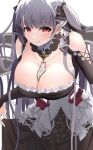 1girl artist_request azur_lane bare_shoulders black_dress bowing breasts cleavage dress eyebrows_visible_through_hair flight_deck formidable_(azur_lane) frilled_dress frills gothic_lolita grey_hair hair_ribbon highres large_breasts lolita_fashion long_hair looking_at_viewer neckwear_between_breasts red_eyes ribbon solo twintails two-tone_dress two-tone_ribbon very_long_hair white_background white_neckwear 