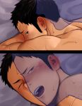  2boys back black_hair blush completely_nude ear_blush haikyuu!! implied_anal implied_sex itto_(mentaiko) kiss looking_back lying male_focus multiple_boys nude on_bed on_stomach sawamura_daichi see-through_silhouette short_hair toned toned_male yaoi 