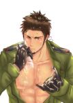  1boy abs autofacial axis_powers_hetalia bara bare_pecs beard black_gloves blush brown_eyes brown_hair chest_hair cum cum_on_body cum_on_pectorals cum_on_self cum_string facial facial_hair gloves green_jacket highres implied_masturbation jacket large_pectorals male_focus mature_male military military_uniform muscular muscular_male niichi_(niichi21) nipples open_clothes open_jacket pectorals short_hair solo stomach turkey_(hetalia) uniform 