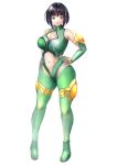  1girl absurdres boots breasts cleavage cleavage_cutout clothing_cutout elbow_gloves fingerless_gloves full_body gloves hand_on_hip highres katia_grineal kitana_inuo large_breasts looking_at_viewer midriff_cutout navel pilot_suit smile solo super_robot_wars super_robot_wars_judgement thick_thighs thigh_boots thighhighs thighs 