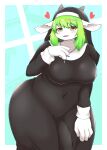  &lt;3 4_fingers :3 anthro big_breasts big_bulge biped black_clothing black_dress blue_background blush bovid breasts bulge caprine clothed clothing cross curvy_figure dress fingers front_view fully_clothed fur goat green_hair gynomorph habit hair hi_res horizontal_pupils horn huge_breasts intersex jewelry kemono looking_at_viewer mammal monotone_body monotone_fur monotone_hair navel necklace nipple_outline nun portrait pupils simple_background slightly_chubby smile solo standing thick_thighs three-quarter_portrait varnish_(artist) voluptuous white_body white_fur wide_hips yellow_eyes 