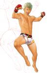  1boy abs blonde_hair boxing_gloves dark_skin dark_skinned_male fingerless_gloves full_body gloves itto_(mentaiko) looking_at_viewer male_focus navel nipples original pectorals short_hair smile solo stomach thighs toned toned_male white_background wrestling_outfit 