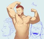  1boy abs ares_(priapus) arm_up armpits bara beard biceps blue_eyes character_name completely_nude cowboy_shot expressions facial_hair flexing itto_(mentaiko) large_pectorals laughing male_focus manly muscular muscular_male navel nipples no_tattoo nude pectorals plump pose priapus red_hair short_hair smile stomach undercut 