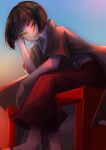  1girl adjusting_hair arm_on_knee bangs bellbottoms black_hair blue_background blunt_bangs bob_cut brown_jacket commentary crop_top furrowed_eyebrows gradient gradient_background grey_shirt hand_on_own_head highres jacket kagenui_yozuru looking_at_viewer midriff monogatari_(series) multicolored_hair myuga66666 naughty_face open_clothes open_jacket open_mouth orange_background pants parted_lips popped_collar postbox_(outgoing_mail) red_hair red_pants shirt short_hair sitting smile smirk solo streaked_hair striped striped_pants sunset suspenders two-tone_hair white_shirt yellow_eyes 