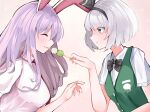  258n 2girls animal_ears aqua_eyes bangs black_neckwear bob_cut bow bowtie breasts bunny_ears closed_eyes commentary dango expressionless eyebrows_visible_through_hair facing_another feeding food food_in_mouth from_side green_vest hair_ribbon highres holding_skewer konpaku_youmu long_hair looking_at_another medium_breasts multiple_girls necktie pink_background puffy_short_sleeves puffy_sleeves purple_hair red_neckwear reisen_udongein_inaba ribbon sanshoku_dango shirt short_hair short_sleeves silver_hair smile sparkle_background touhou upper_body very_long_hair vest wagashi white_shirt 