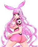  1girl animal_ears ass bare_arms breasts bunny_ears chemaru_(a8l) cowboy_shot eyebrows_visible_through_hair fingernails grey_eyes large_breasts legs_apart long_hair looking_at_viewer melona pink_hair pink_skirt prehensile_hair queen&#039;s_blade red_nails revealing_clothes see-through shiny shiny_skin skirt solo symbol-shaped_pupils white_background 