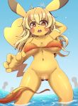  anthro anthrofied big_breasts bikini blonde_hair bottomless breasts censor_bar censored cleavage clothed clothing female genitals hair hi_res mondoro navel nintendo partially_submerged pikachu pok&eacute;mon pok&eacute;mon_(species) pok&eacute;morph pussy solo standing swimwear under_boob video_games wardrobe_malfunction water yellow_body 