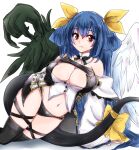  1girl arm_support asymmetrical_wings black_bow black_legwear black_panties blue_hair bow bowtie breasts buckle chemaru_(a8l) cleavage closed_mouth detached_collar detached_sleeves dizzy_(guilty_gear) guilty_gear hair_bow large_breasts long_hair looking_at_viewer navel panties red_eyes revealing_clothes smile solo tail tail_bow tail_ornament thighhighs underwear white_sleeves wings yellow_bow 