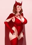  1girl absurdres avengers blue_eyes breasts brown_hair cowboy_shot elbow_gloves gloves hands_on_hips highres large_breasts leotard light_smile lips marvel mature medium_hair pink_background red_gloves red_leotard scarlet_witch solo thejnsdh 