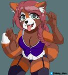  ailurid anthro big_breasts breasts cleavage clothed clothing corset cute_eyes female legwear lingerie mammal red_panda solo solo_focus teeth thick_thighs thigh_highs tongue tongue_out topwear xiongshan 