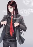  1boy absurdres belt black-framed_eyewear brown_eyes brown_hair cigarette commentary_request fate/grand_order fate_(series) formal glasses grey_background highres long_hair lord_el-melloi_ii male_focus necktie red_neckwear simple_background smoke smoking solo suit tobi_(pixiv41237754) waver_velvet 