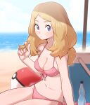  1girl absurdres arm_support bikini blush bottle breasts cleavage closed_mouth collarbone commentary day eyelashes grey_eyes hand_up highres light_brown_hair long_hair looking_at_viewer navel nutkingcall outdoors pink_bikini pokemon pokemon_(game) pokemon_xy sand serena_(pokemon) shiny shiny_skin shore sitting solo swimsuit water water_bottle wet 
