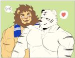  &lt;3 2020 animal_crossing anthro brown_mane chest_tuft clothed clothing duo elvis_(animal_crossing) facial_scar felid fur green_background hi_res lion male male/male mammal mane muscular muscular_anthro muscular_male nintendo pantherine pecs pink_nose pkylblu rolf_(animal_crossing) scar simple_background striped_body striped_fur stripes tan_body tan_fur tiger topless towel tuft video_games white_body white_fur x_scar 