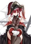  1girl absurdres bangs bare_shoulders black_legwear breasts coat gloves hat highres hololive houshou_marine jikatarou looking_at_viewer official_art one_eye_closed pirate_hat red_hair sitting solo sweat thighhighs twintails virtual_youtuber white_gloves yellow_eyes 