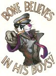  2021 anthro black_clothing boneitis clothed clothing english_text fan_character fur gesture hat headgear headwear hi_res jacket jojo&#039;s_bizarre_adventure looking_at_viewer male necktie pink_nose pointing purple_clothing simple_background solo solo_focus tagme text topwear whiskers white_background white_body white_fur 