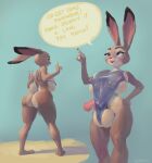  2021 animal_genitalia animal_penis anthro balls big_balls big_breasts big_butt big_penis bikini breasts butt clothed clothing dialogue disney english_text equine_penis erection genitals gesture gynomorph hi_res huge_balls indecent_exposure intersex judy_hopps lagomorph leporid long_ears mammal nipples penis police purple_eyes rabbit santafire skimpy speech_bubble standing swimwear text v_sign wardrobe_malfunction zootopia 