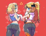  2girls ass blonde_hair blue_eyes braid cosplay crown_braid dual_persona earrings from_behind green_eyes headband highres jewelry light_blush looking_at_viewer looking_back multiple_girls nintendo pants pointy_ears ponytail princess_zelda rariatto_(ganguri) red_background ring_fit_adventure ring_fit_trainee ring_fit_trainee_(cosplay) short_hair steaming_body sweat tank_top the_legend_of_zelda the_legend_of_zelda:_a_link_to_the_past the_legend_of_zelda:_breath_of_the_wild towel towel_around_neck triforce wii_fit wii_fit_trainer wii_fit_trainer_(cosplay) yoga_pants 