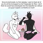  &lt;3 ambiguous_gender anthro arthropod cake canid canine canis daisy-marshmallow dessert digital_media_(artwork) dipteran duo english_text food hi_res insect kneeling male mammal one_eye_closed rob_(daisy-marshmallow) simple_background text wolf 