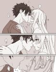  1boy 1girl blush brother_and_sister close-up closed_eyes commentary_request couple ear_grab eye_contact hand_on_another&#039;s_chest hand_on_another&#039;s_shoulder hetero incest kiss looking_at_another monochrome multiple_views nakiri_asahi nakiri_erina sepia shokugeki_no_souma siblings sweat uiui_(hage04195) 