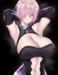  1girl armpits arms_behind_head bangs black_background breasts cero_rains cleavage clothing_cutout elbow_gloves fate/grand_order fate_(series) gloves hair_over_one_eye highres huge_breasts leotard mash_kyrielight navel navel_cutout pink_hair purple_eyes smile 