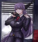  1girl an-94 assault_rifle belt black_clothes braid breasts building commission commissioner_upload ears fire_emblem fire_emblem:_the_binding_blade formal french_braid gazelle_jun gun highres long_hair looking_at_viewer medium_breasts necktie pant_suit purple_eyes purple_hair red_nails rifle serious shutter solo sophia_(fire_emblem) standing suit very_long_hair weapon window 