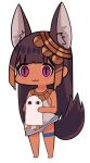  &gt;o&lt; 1girl :3 absurdres animal_ears bare_arms bare_shoulders barefoot brown_hair chibi closed_mouth dark_skin dark_skinned_female dress dress_lift egyptian egyptian_clothes full_body highres holding long_hair looking_at_viewer medjed_(mythology) original purple_eyes simple_background sleeveless sleeveless_dress slit_pupils standing tail teardrop thigh_strap toy_box-r very_long_hair white_background white_dress 