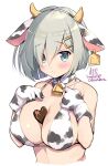  1girl animal_ears animal_print artist_name bangs bare_shoulders bell between_breasts blue_eyes blush breasts candy chocolate chocolate_heart closed_mouth collarbone cow_ears cow_horns cow_print cowbell dated ear_tag fake_animal_ears fake_horns food gloves hair_between_eyes hair_ornament hairclip hamakaze_(kancolle) hands_on_own_chest hands_up heart horns kantai_collection large_breasts looking_at_viewer odawara_hakone shiny shiny_hair short_hair silver_hair solo string_bikini upper_body white_gloves 