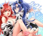  2021 2girls :d amou_kanade animal_ears animal_print bangs bikini blue_background blue_eyes blue_hair breasts brown_eyes chinese_zodiac closed_mouth commentary cow_ears cow_horns cow_print cow_tail eyebrows_visible_through_hair fake_animal_ears fake_horns fake_tail fang hood hood_down hoodie horns kazanari_tsubasa kneeling lanlanlap large_breasts leaning_back leaning_forward long_hair looking_at_viewer looking_back messy_hair multiple_girls new_year off_shoulder open_mouth pink_legwear print_bikini print_hoodie red_hair senki_zesshou_symphogear side_ponytail sitting smile socks swimsuit tail year_of_the_ox 