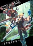  2boys absurdres bandana belt blonde_hair blue_eyes brown_hair darkkeroro fingerless_gloves gloves guilty_gear guilty_gear_strive highres ky_kiske long_hair multiple_boys ponytail short_hair sol_badguy sword weapon 