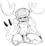  2020 absurd_res anthro antlers balls big_penis capreoline cervid clothing front_view genitals glans hat headgear headwear hi_res horn horn_point humanoid_genitalia humanoid_penis long_penis male mammal monochrome mostly_nude noirchaton4 one_piece penis pubes reindeer simple_background solo spread_legs spreading tony_tony_chopper tony_tony_chopper_(horn_point_form) white_background 