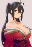  1girl ahoge artist_name azur_lane black_hair breasts cleavage closed_mouth collarbone frown grey_background hair_between_eyes hair_ornament hair_ribbon japanese_clothes kimono large_breasts long_hair looking_at_viewer off_shoulder red_eyes red_kimono red_ribbon ribbon sidelocks simple_background skeptycally sketch solo taihou_(azur_lane) twintails upper_body v-shaped_eyebrows very_long_hair 