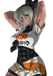  1girl abs absurdres arms_behind_head arms_up bangs bea_(pokemon) black_bodysuit black_hairband bodysuit bodysuit_under_clothes bow_hairband breasts collared_shirt covered_abs dark_skin dark_skinned_female grey_eyes grey_hair gym_leader hair_between_eyes hairband highres j.h. large_breasts looking_at_viewer muscular muscular_female pokemon pokemon_(game) pokemon_swsh print_shirt print_shorts shirt short_hair short_sleeves shorts simple_background thighs tied_shirt toned white_shirt white_shorts 