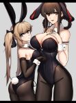  2girls absurdres alternate_costume alternate_hairstyle ass bare_shoulders between_breasts breasts brown_hair detached_collar dsr-50_(girls_frontline) elbow_gloves girls_frontline gloves hachirodesu highres large_breasts light_brown_eyes light_brown_hair long_hair medium_breasts multiple_girls necktie necktie_between_breasts pantyhose playboy_bunny ppk_(girls_frontline) red_eyes sidelocks very_long_hair wrist_cuffs 