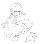  ... 1girl beret blush breasts dinergate_(girls_frontline) girls_frontline hachirodesu hat highres looking_at_viewer looking_to_the_side monochrome short_hair six12_(girls_frontline) sketch small_breasts solo squatting tail tail_wagging 