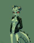  anthro argonian bethesda_softworks breasts clothing exposed_breasts female genitals hi_res jacket meer-mah pussy red_eyes scalie scollopendra simple_background smug solo the_elder_scrolls topwear video_games 