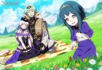  1boy 2girls artist_name blue_hair blue_sky byleth_(fire_emblem) byleth_(fire_emblem)_(male) closed_mouth cloud dannex009 day dress father_and_daughter fire_emblem fire_emblem:_three_houses flower grass green_eyes green_hair hair_ornament hat highres if_they_mated long_hair long_sleeves lysithea_von_ordelia mother_and_daughter multiple_girls open_mouth outdoors pink_eyes short_hair sitting sky tiara watermark web_address white_hair 