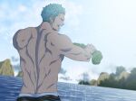  1boy back dark_skin dark_skinned_male from_behind green_hair green_kimono highres japanese_clothes kimono looking_to_the_side male_focus nape one_piece pectorals pinattsu roronoa_zoro scar scar_across_eye shirtless short_hair smile solo sunlight toned toned_male water wet wet_pants 
