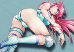  1girl absurdres aqua_leotard ass boots breasts choker covered_navel covered_nipples cross-laced_footwear eyebrows_visible_through_hair hair_between_eyes highres jack_blaze knee_pads lips long_hair looking_at_viewer lying mighty_yukiko muscular muscular_female pink_eyes pink_hair shadow solo wrestle_angels wrestle_angels_survivor wrestle_angels_survivor_2 wrestler wrestling_outfit wrestling_ring wristband 