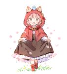  1girl :d animal_ear_fluff animal_ears bangs black_skirt blush boots brown_eyes capelet commentary ears_through_headwear eyebrows_visible_through_hair fang frilled_skirt frills full_body hair_between_eyes hood hood_up hooded_capelet looking_at_viewer open_mouth original pink_hair red_capelet red_footwear shirt skirt skirt_hold smile solo walking wataame27 white_background white_shirt wolf-chan_(wataame27) wolf_ears younger 