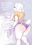  2020 anthro apron bottomwear bovid butt caprine clothing coffune cooking dialogue english_text female floppy_ears hi_res horn hotpants innuendo mammal open_mouth oven rear_view shorts solo text tight_bottomwear tight_clothing toriel undertale video_games 