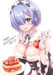  1girl :d bangs bare_shoulders black_dress black_ribbon blue_eyes blue_hair blush bow breasts cake cleavage commentary_request detached_sleeves dress flower_knot food frilled_sleeves frills fruit hair_ornament hair_over_one_eye hair_ribbon happy_valentine heart highres holding holding_plate large_breasts looking_at_viewer maid maid_headdress neck_ribbon open_mouth pink_ribbon plate re:zero_kara_hajimeru_isekai_seikatsu rem_(re:zero) ribbon sebu_illust short_hair simple_background smile solo strawberry white_background white_bow x_hair_ornament 