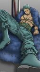  1boy abs bare_pecs dark_skin dark_skinned_male feather_boa foreshortening green_hair green_pants highres knee_up large_pectorals male_focus muscular muscular_male nipples one_piece pants pectorals pinattsu roronoa_zoro scar scar_across_eye scar_on_chest sheath sheathed short_hair sitting solo spread_legs stomach 