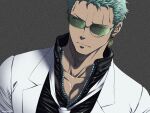 1boy alternate_costume collared_jacket dark_skin dark_skinned_male dutch_angle formal green_hair green_kimono highres jacket japanese_clothes kimono leather leather_jacket looking_at_another male_cleavage male_focus necktie one_piece partially_unzipped pectorals pinattsu roronoa_zoro scar scar_across_eye short_hair solo suit sunglasses toned toned_male upper_body white_suit 